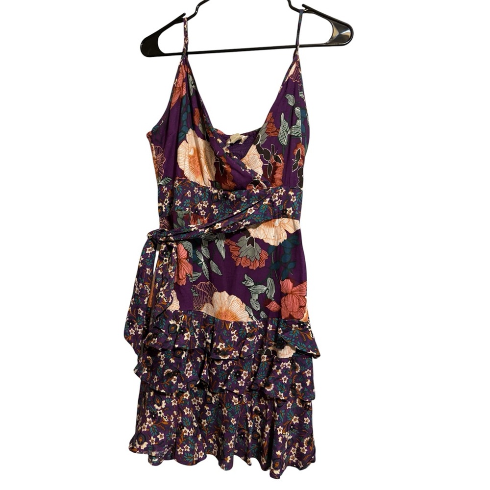 Purple Floral Tiered Ruffle Mini Dress with Tie Waist